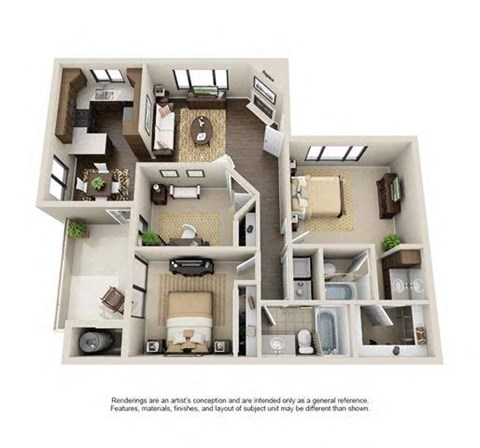 A 3D rendering of a house layout with a kitchen, living room, and bedrooms.